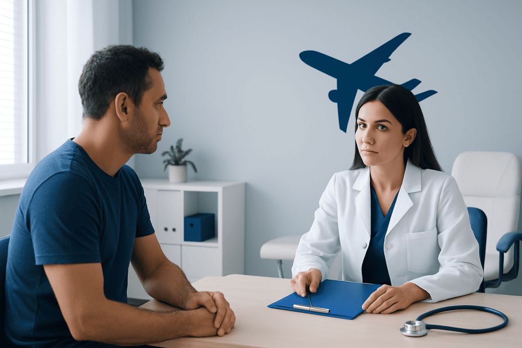 Doctor consulting patient in a medical office with airplane graphic on wall.