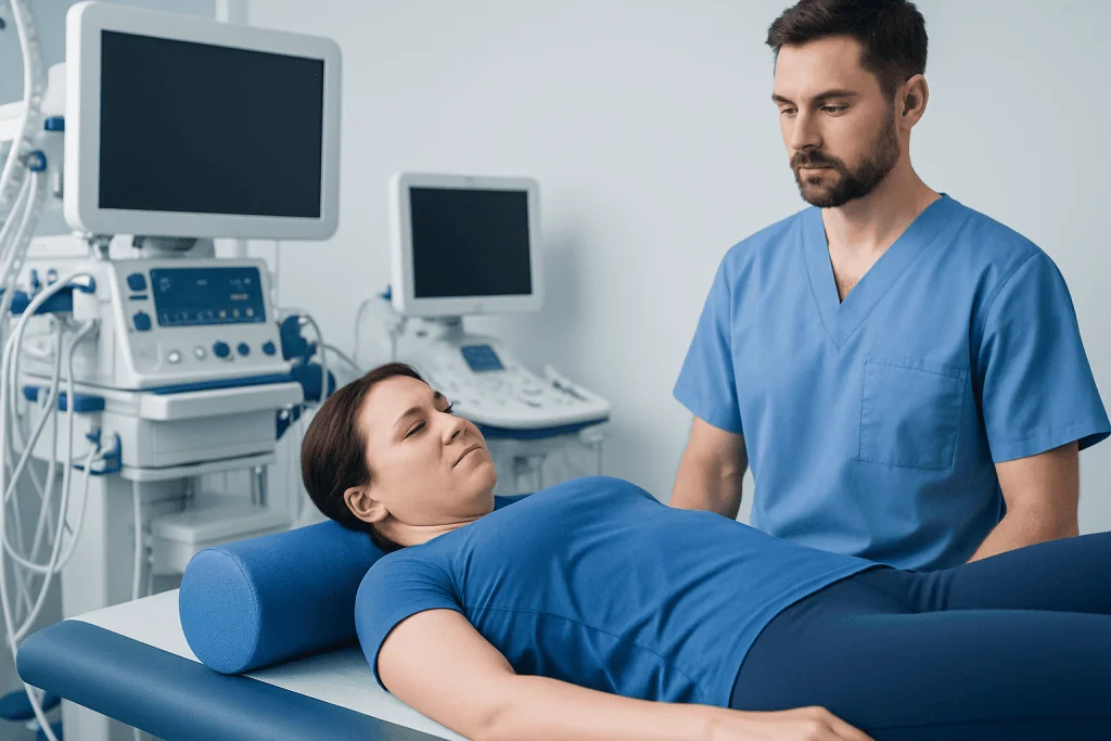 Medical professional examining a patient on a hospital bed in a clinical setting.