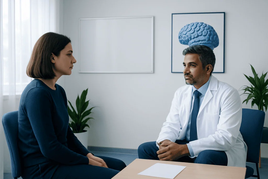 Doctor consulting with a patient in a medical office with brain diagram on the wall.