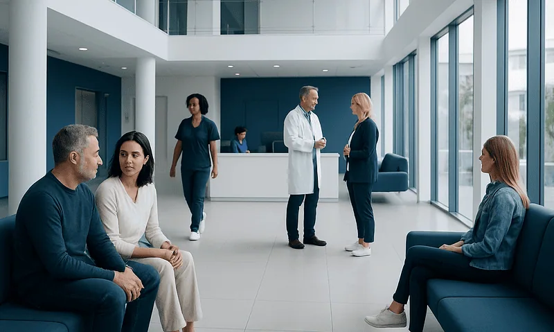 Patients waiting in a modern hospital lobby with medical staff nearby.