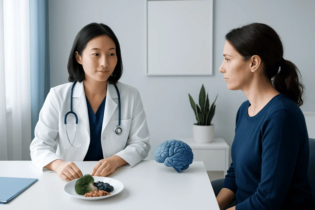 Doctor discussing brain health with patient in a clinical setting.