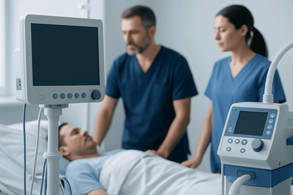Medical professionals monitoring a patient in a hospital room.