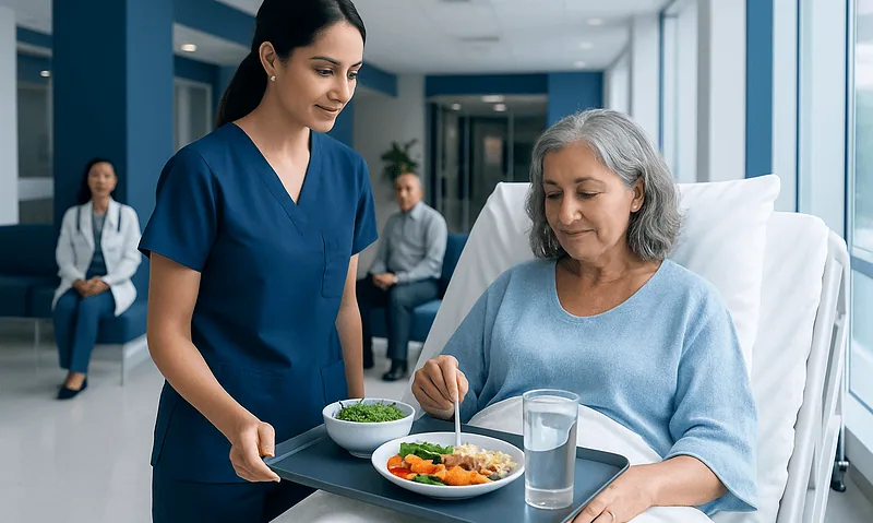 Nurse serving healthy meal to elderly patient in hospital.