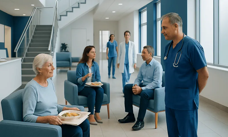 Hospital staff and patients in a modern medical facility in Turkey.