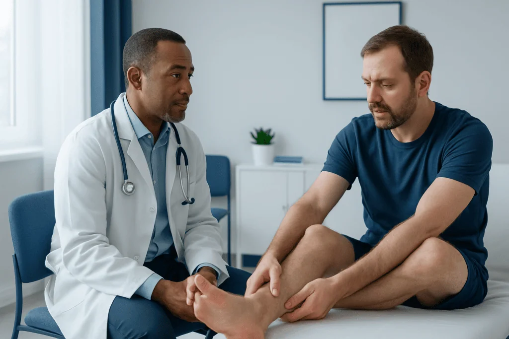 Doctor examining patient's foot for tendonitis symptoms.