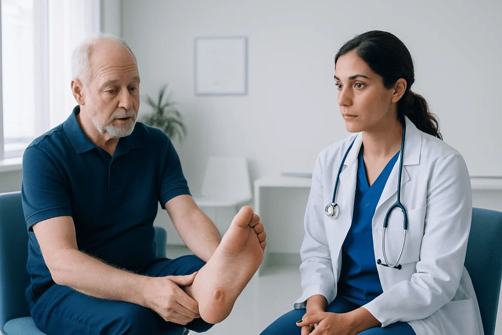 Doctor examining elderly patient's foot for ulcers or wounds.