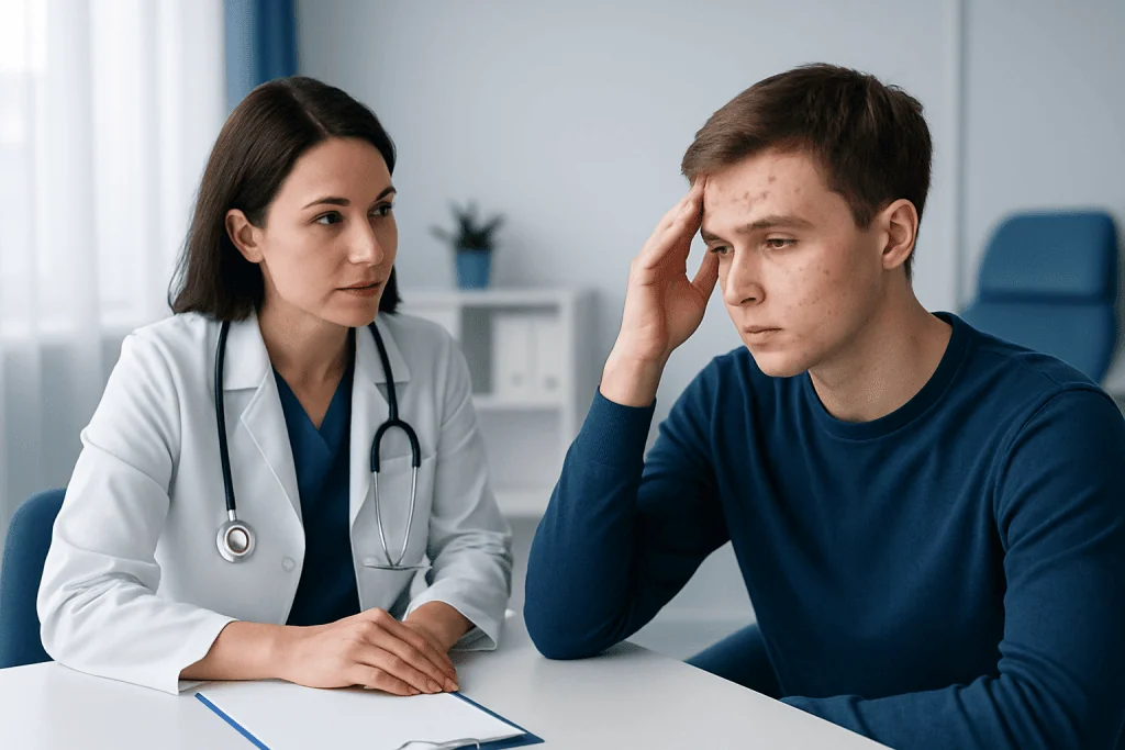 Doctor consulting young man with forehead acne in clinic setting.