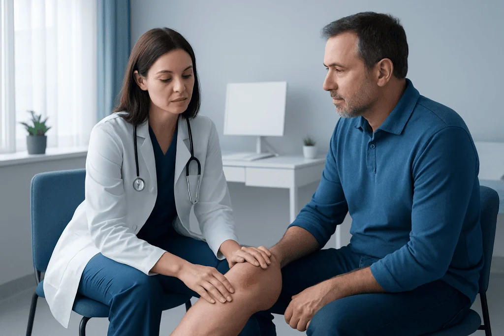 Doctor examining patient's knee in a clinical setting.