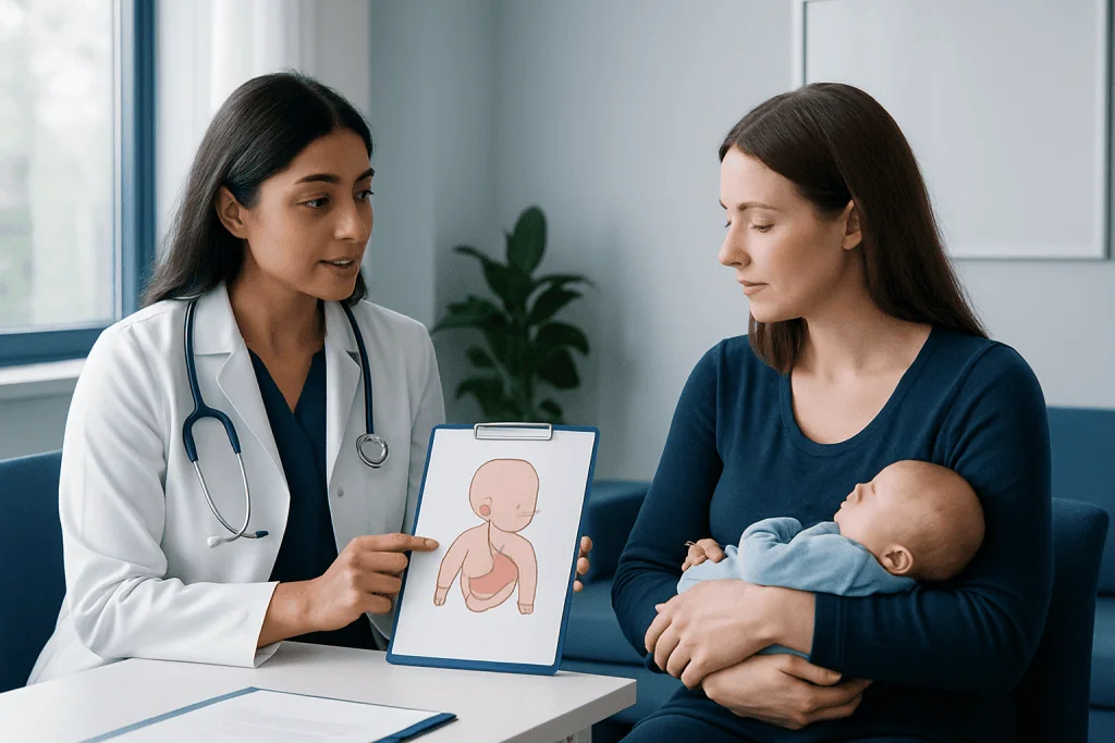 Pediatrician explains infant stomach size to mother in a consultation room.