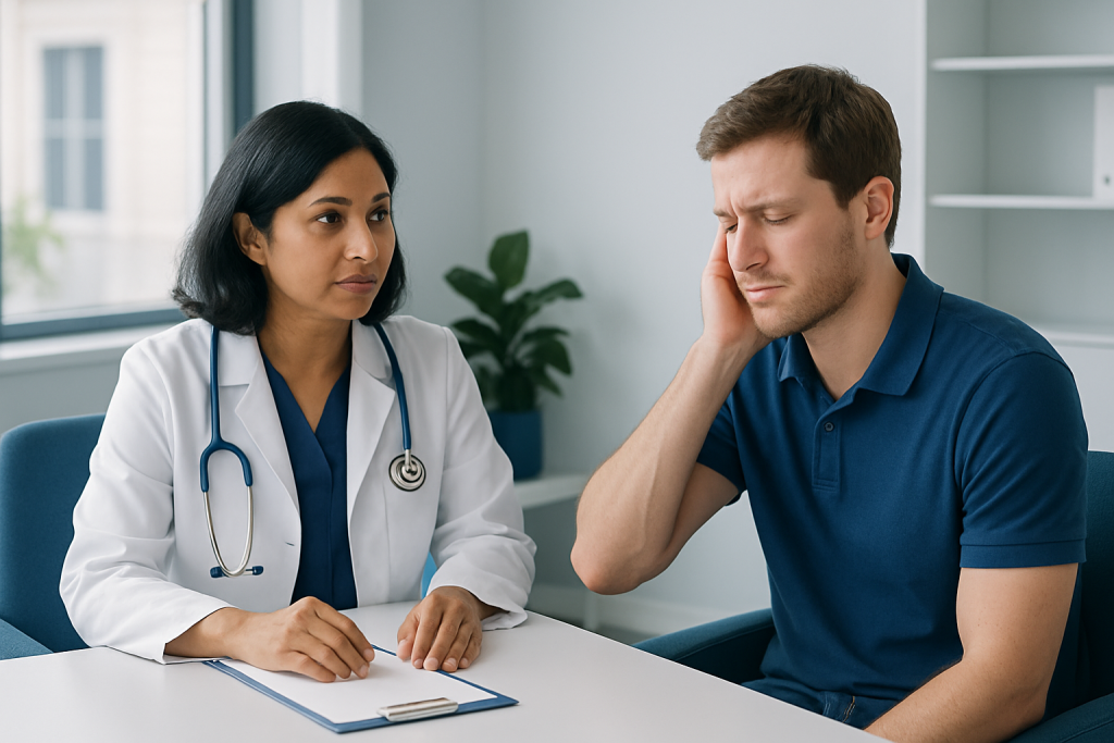 Doctor consulting a patient with ear pain in a clinical setting.