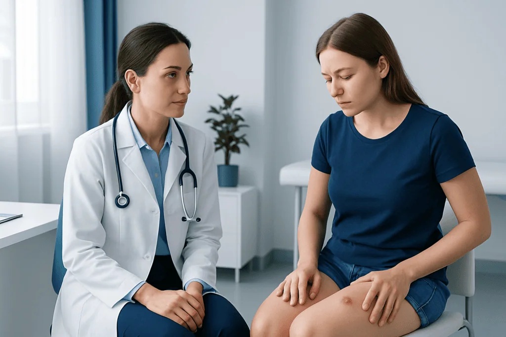Doctor examining a patient's inner thigh for furuncle symptoms.