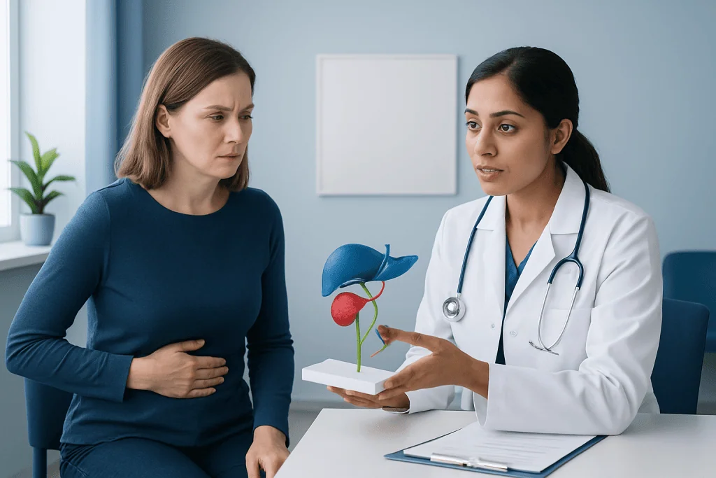 Doctor explains gallbladder and gallstones to patient using 3D model.