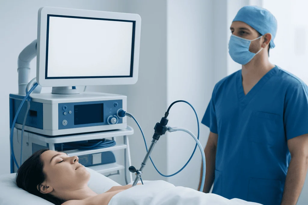 Doctor performing a gallstone removal procedure with advanced medical equipment.