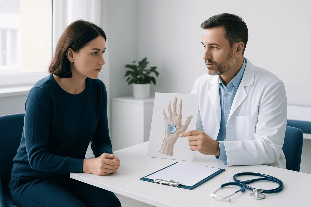 Doctor explaining hand X-ray to female patient in a consultation room.