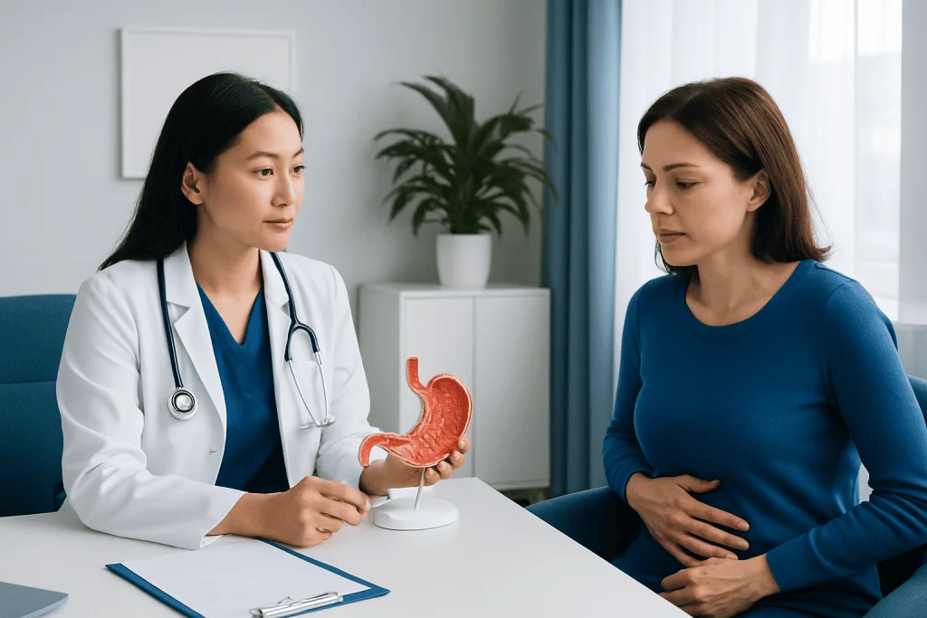 Doctor explaining stomach anatomy to patient in a consultation room.