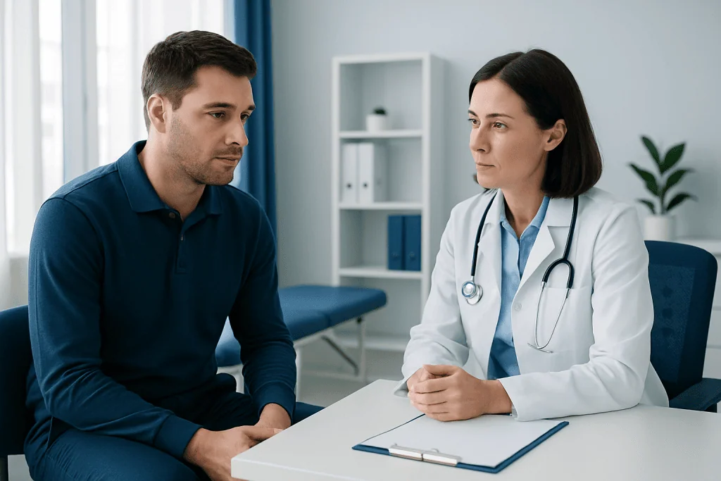 Doctor consulting with male patient in a medical office setting.