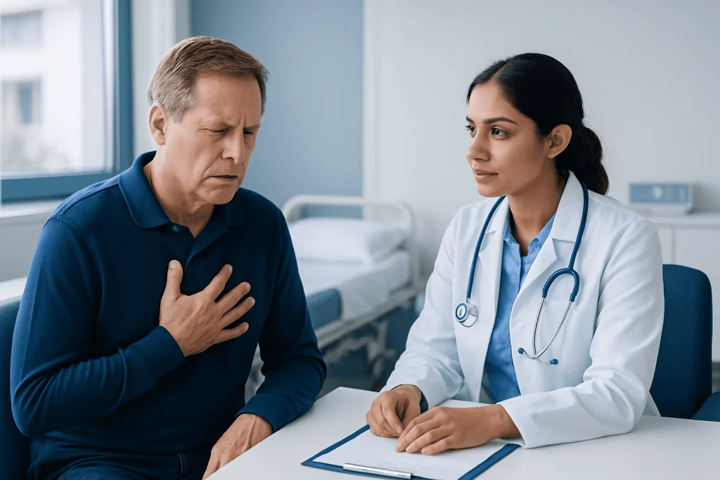 Doctor examining a patient with chest pain in a hospital room.