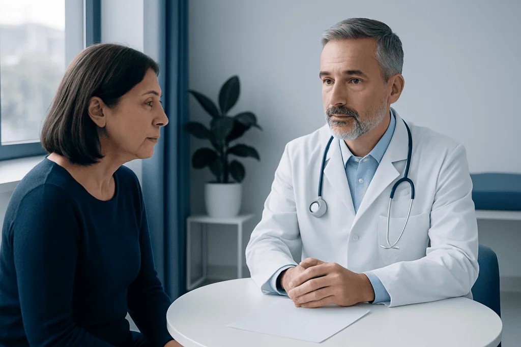 Dentist consulting with a middle-aged female patient in a modern clinic.