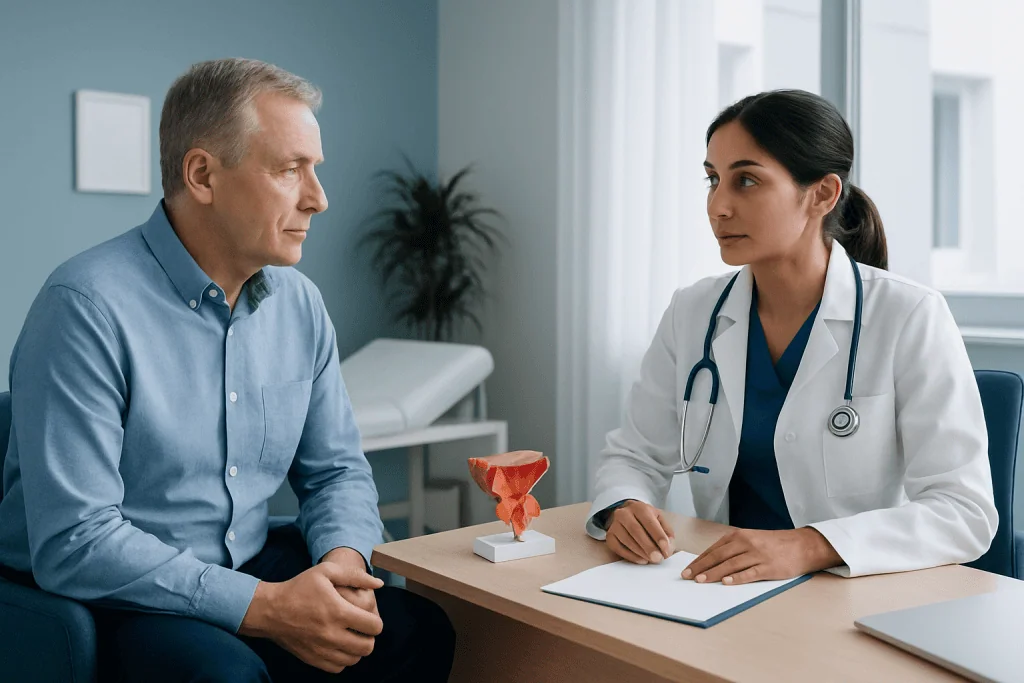 Doctor consulting with an elderly male patient in a medical office.
