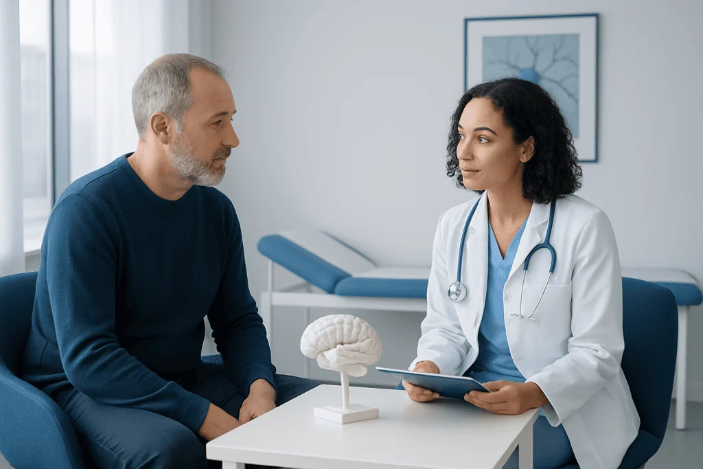 Doctor consulting with a patient in a medical office setting.