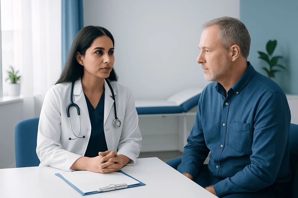 Doctor consulting with a male patient in a medical office setting.