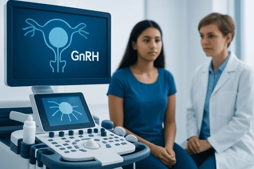 Medical consultation about GnRH hormone with ultrasound equipment in clinic.