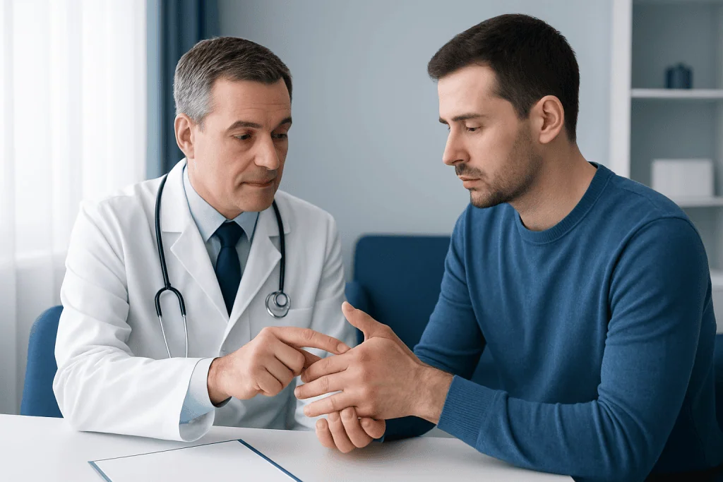 Doctor examining patient's hand for gout symptoms in a clinical setting.