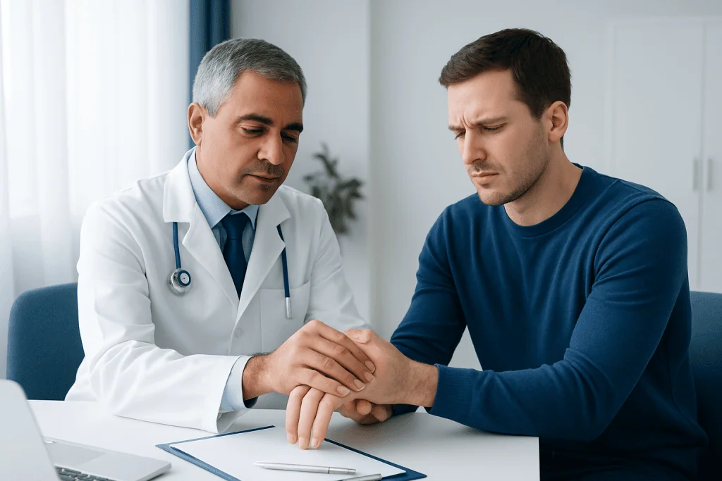 Doctor examining a patient's wrist for gout symptoms in a clinical setting.