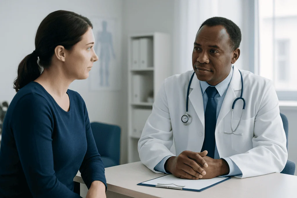 Doctor consulting with female patient in a medical office.