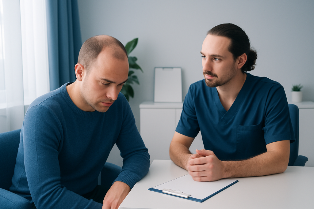 Patient consulting with doctor about hair transplant progress after 3 months.