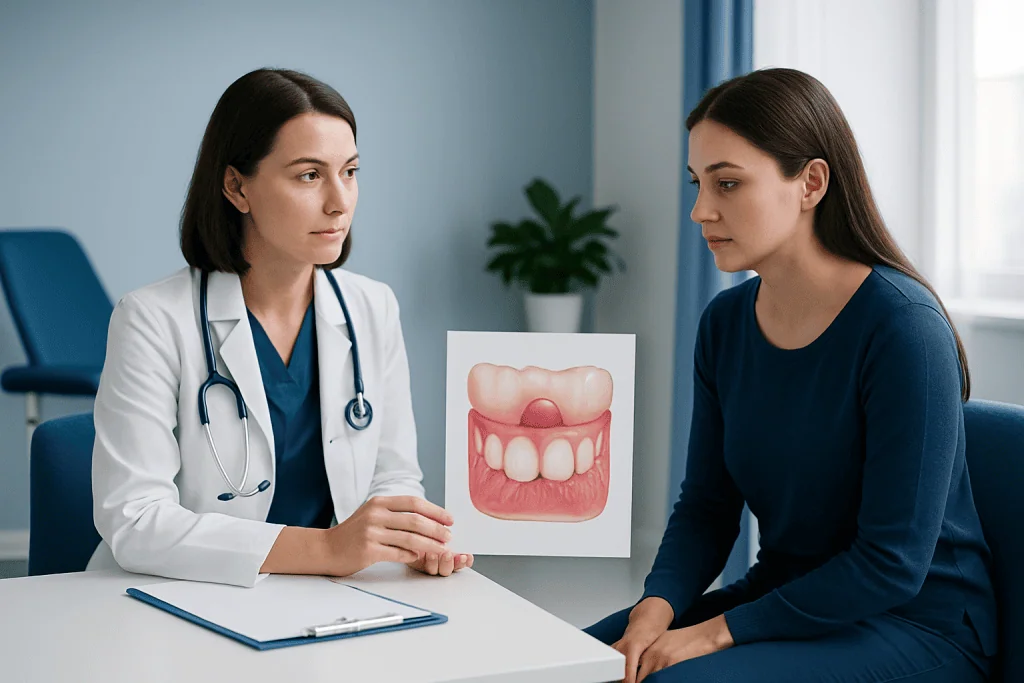 Dentist explaining gum health to patient with dental diagram.