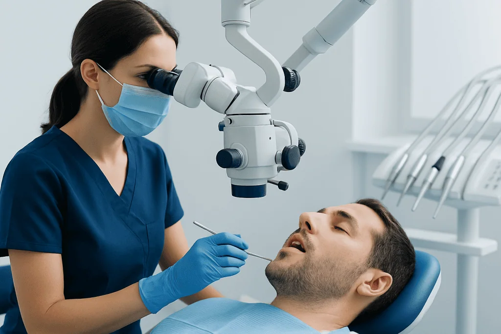 Dentist examining patient's mouth with a microscope in a dental clinic.