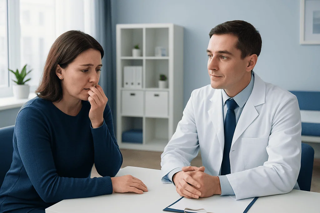 Patient discussing bleeding gums with a doctor in a clinical setting.