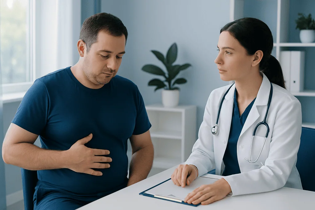Doctor consulting male patient about gynecomastia symptoms in clinic.