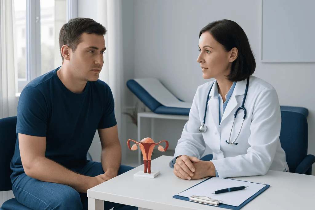 Gynecologist explaining uterine health to a patient in a clinic setting.