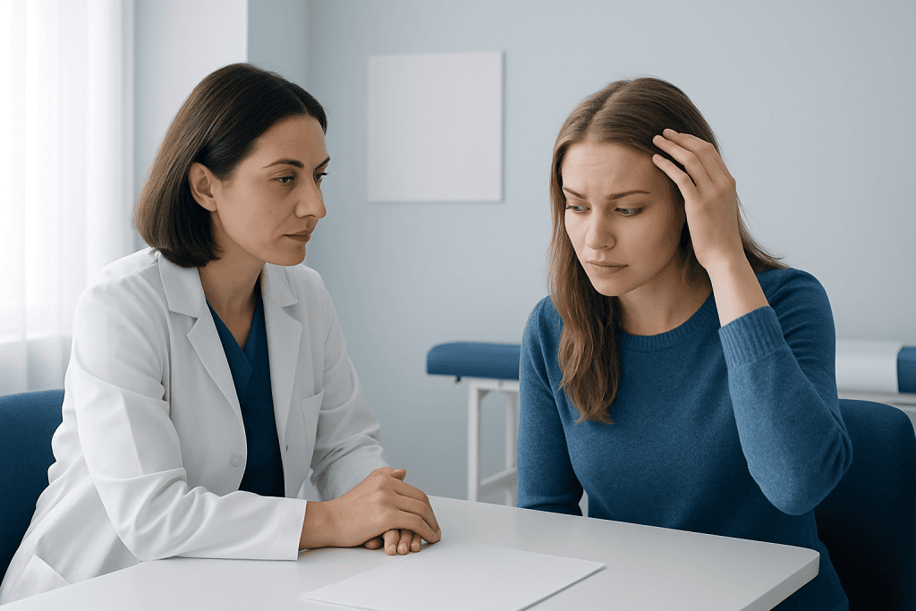 Doctor consulting with a woman patient about brittle hair concerns.