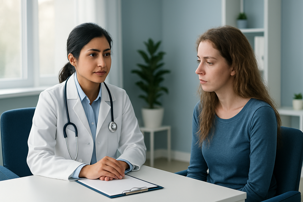 Doctor consulting with a patient in a modern medical office.