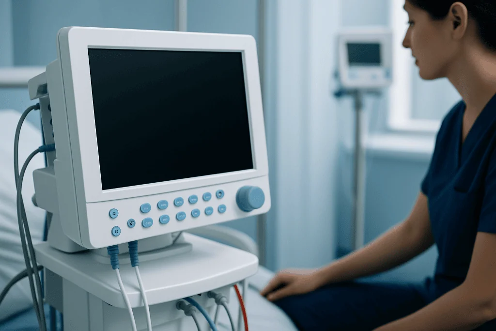 Medical monitor in a hospital room with a patient sitting nearby.