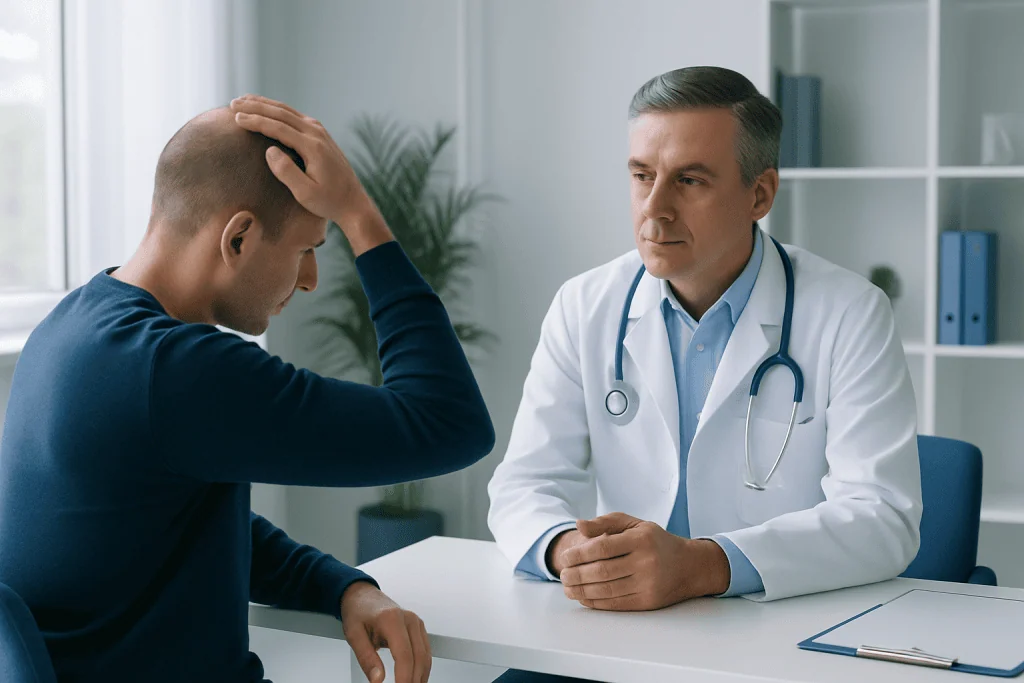 Doctor consulting with patient about hair loss treatment options.