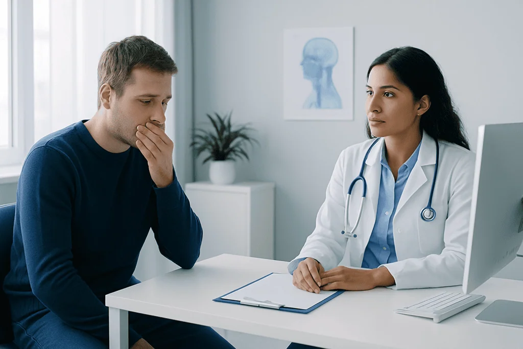 Patient consulting with a doctor about oral health concerns in a clinic.