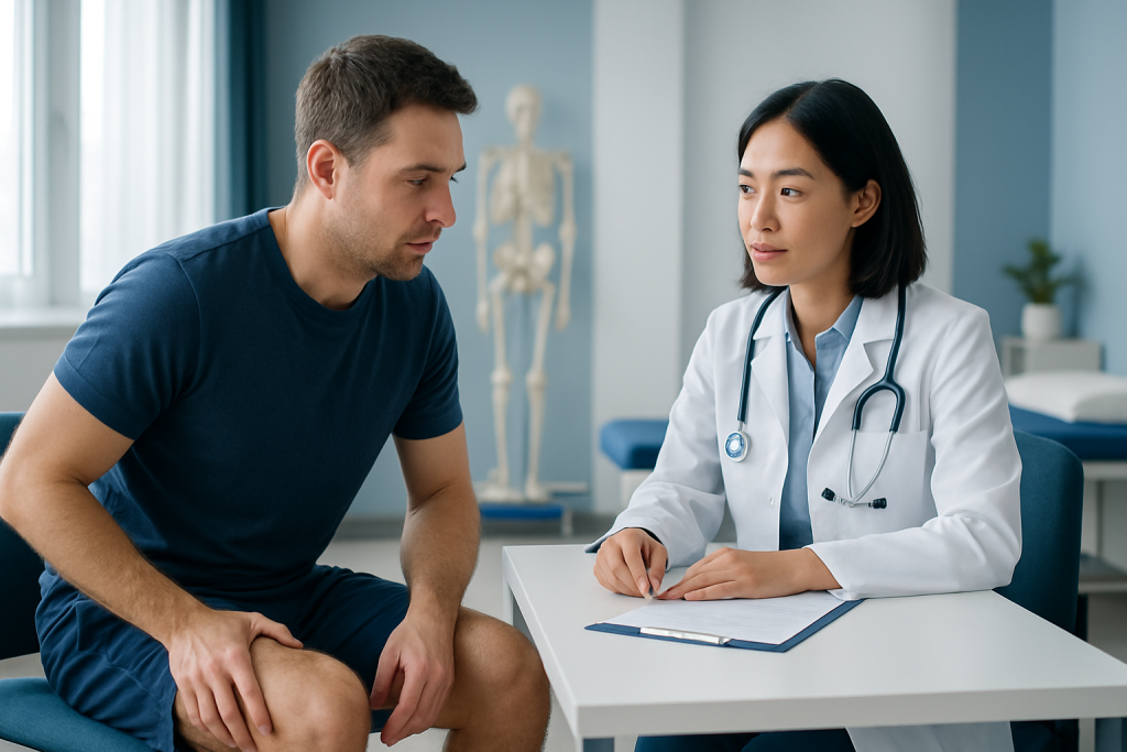 Doctor consulting with a male patient in a medical office setting.
