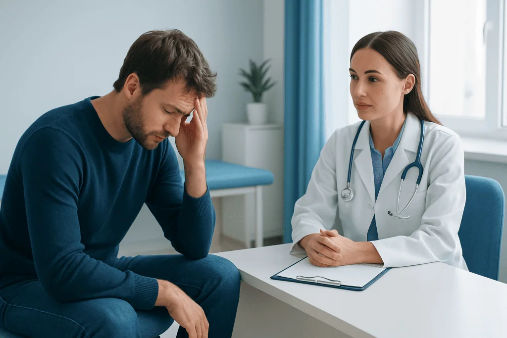 Patient consulting with doctor about hangover symptoms in clinic.