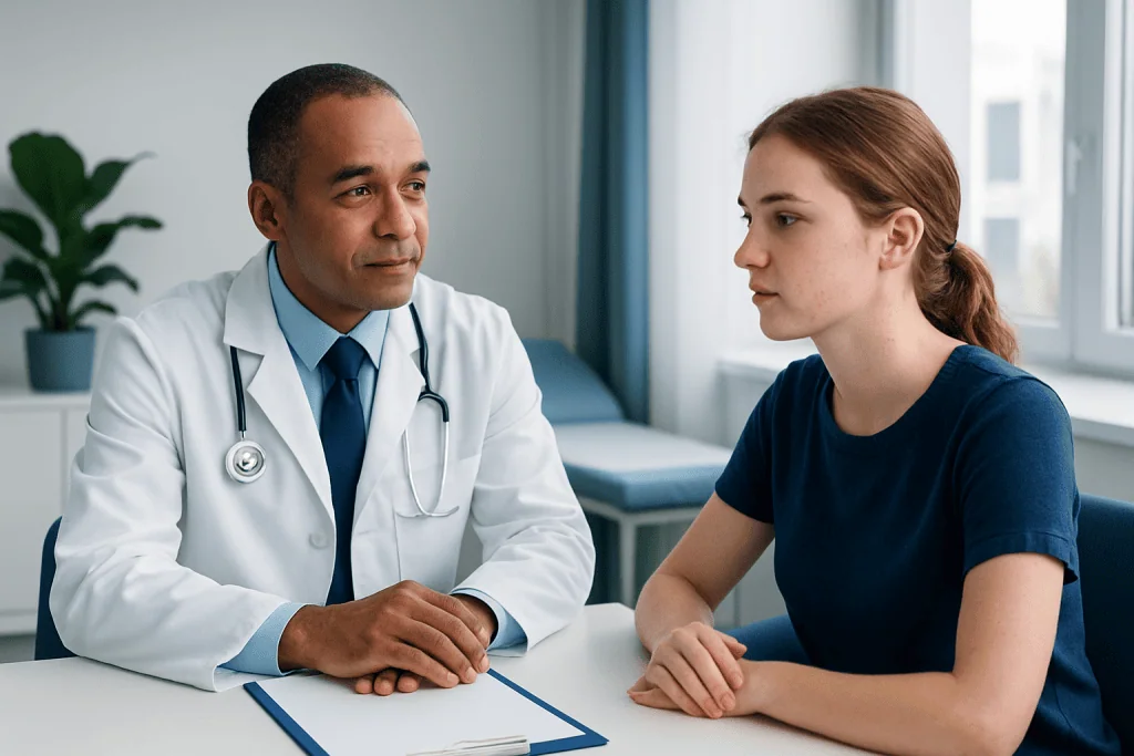 Doctor consulting with a young female patient in a medical office.