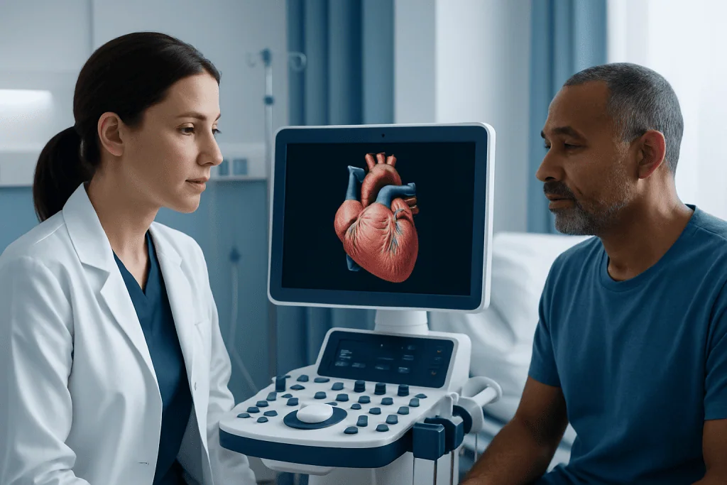 Doctor and patient discussing heart health with ultrasound image.