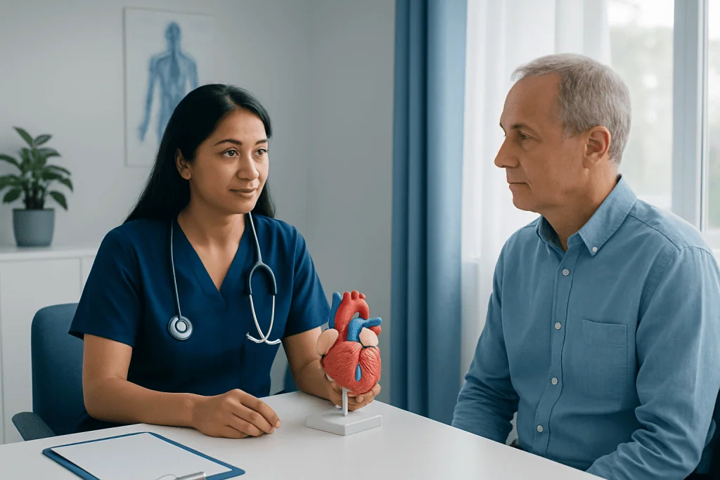 Doctor explaining heart anatomy to patient with heart model in clinic.