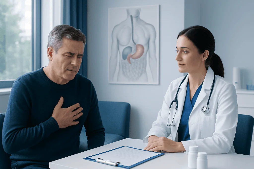 Doctor consulting with a patient about heartburn symptoms in a medical office.