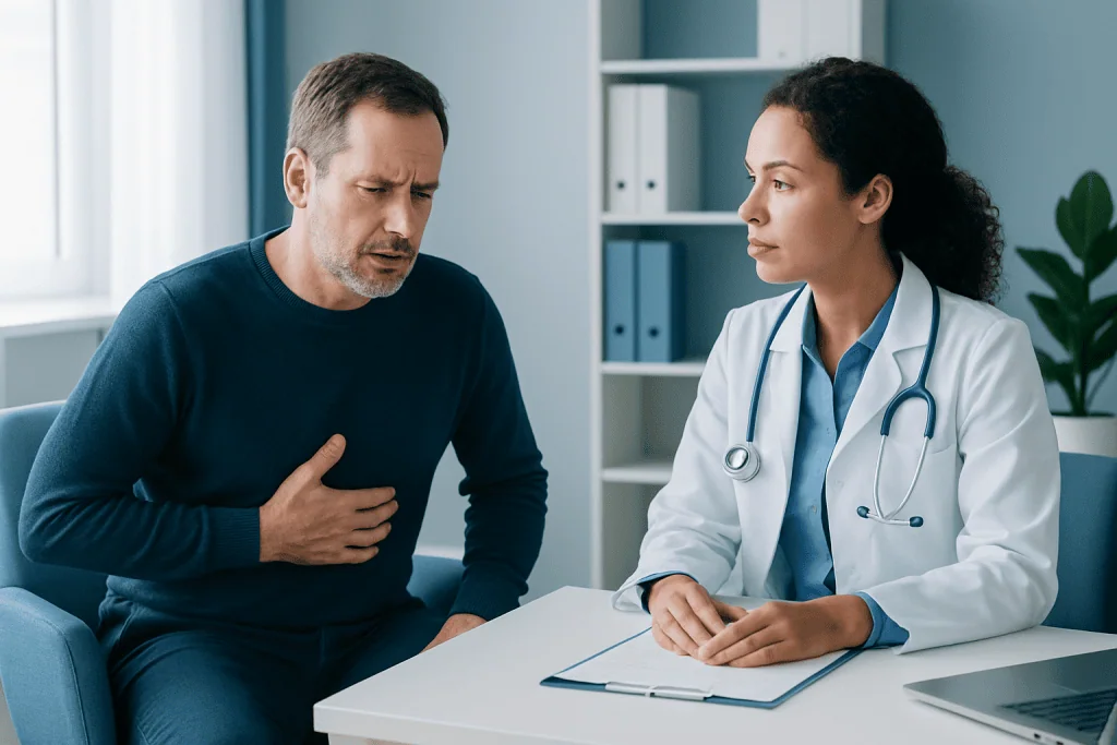 Doctor consulting with patient about stomach pain and heartburn symptoms.