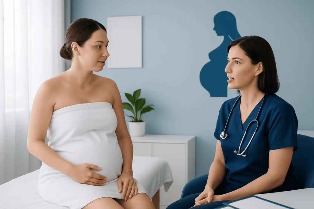 Pregnant woman consulting with a healthcare professional in a clinic setting.