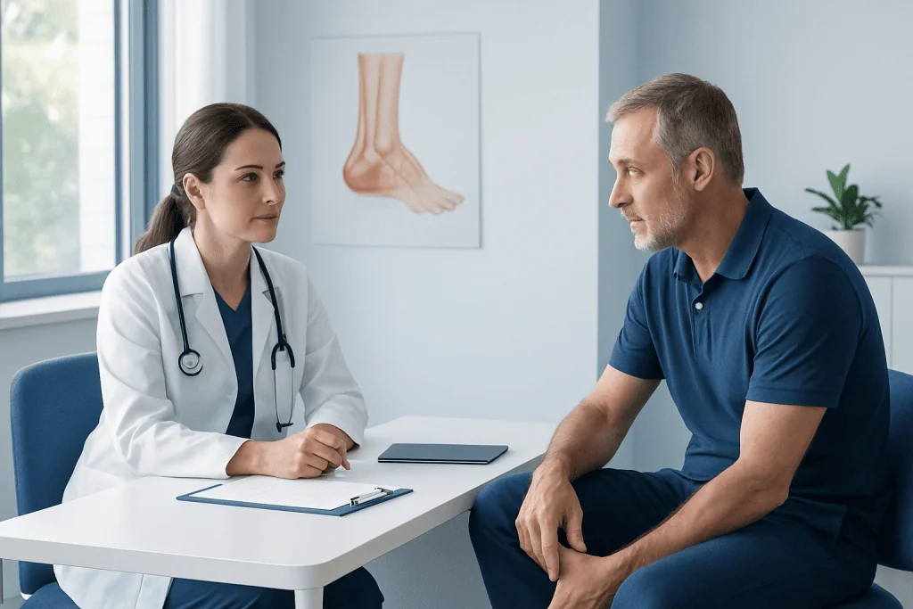 Doctor consulting with patient about heel bursitis symptoms and treatment options.
