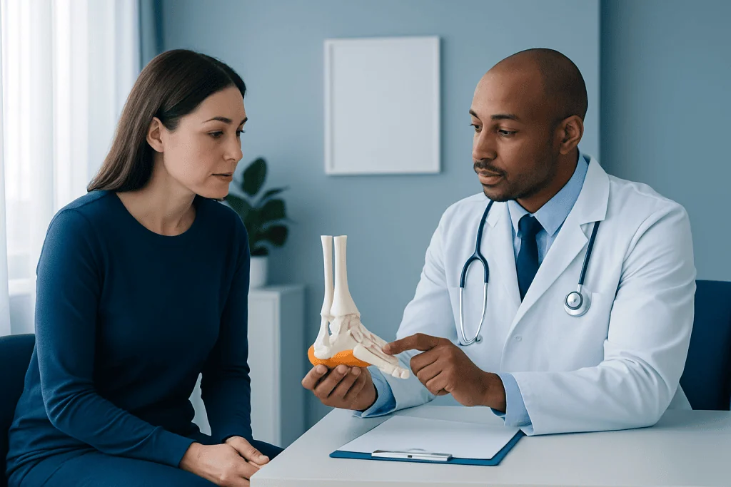 Doctor explaining heel spur condition to patient with ankle model.